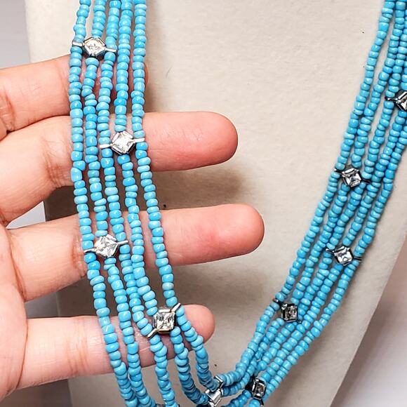 Multi Strand Blue Seed Bead Clear Rhinestone Necklace 16" Retro Silver Tone - Picture 2 of 4